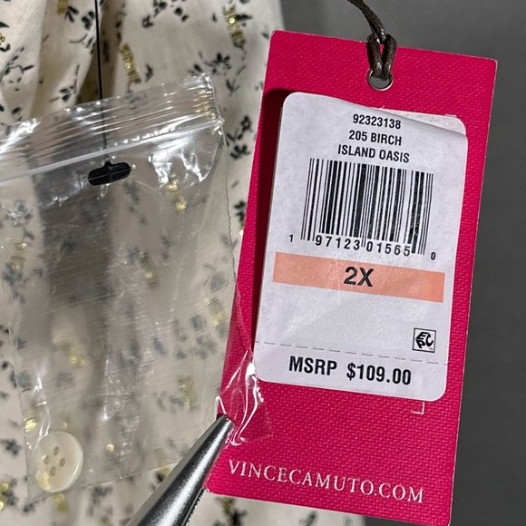 NWT Vince Camuto Floral Print 3/4 Roll Tab Sleeve Tied Button Front Blouse Sz 2X - Picture 10 of 14